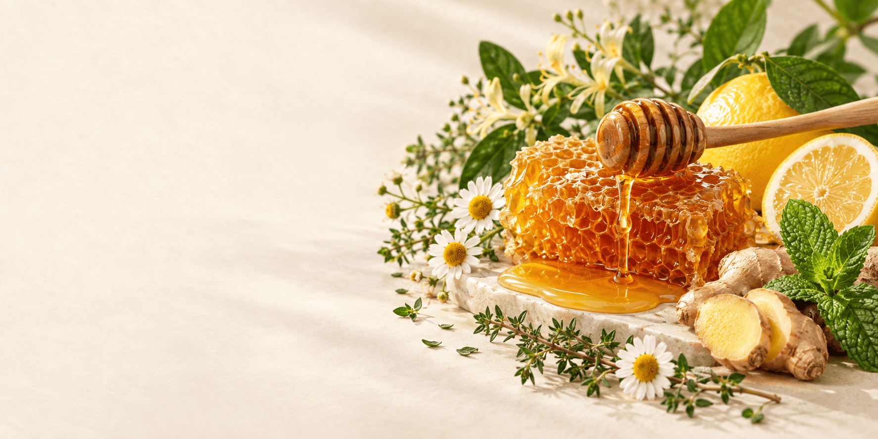 Honeycomb, honey, lemon, herbs and flowers arranged in soft natural light